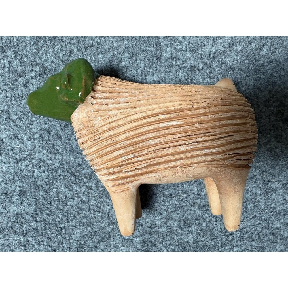 Chia Animal Terra Cotta Pet Sheep Figurine Rustic Textured Body Green Head Art